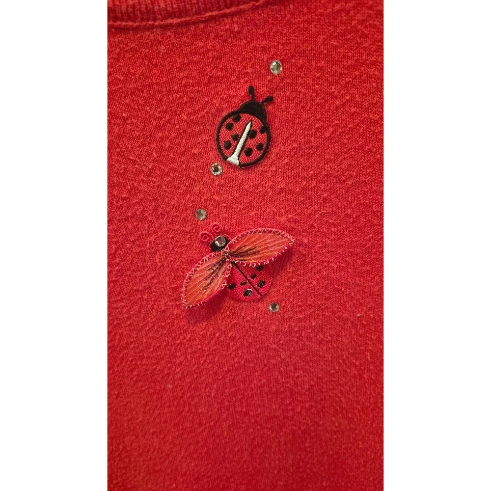 Vintage Las Olas Red Cotton Twinset Ladybug Embroidered Cardigan Shell XL USA
